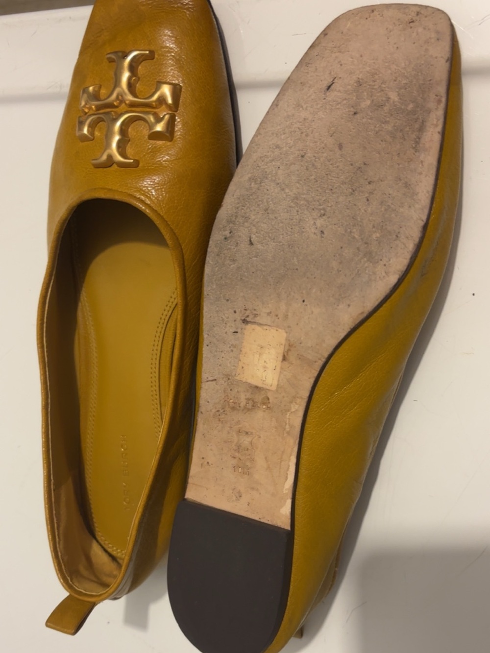 Tory Burch Mustard Yellow Leather Logo Flats - Picture 5 of 6